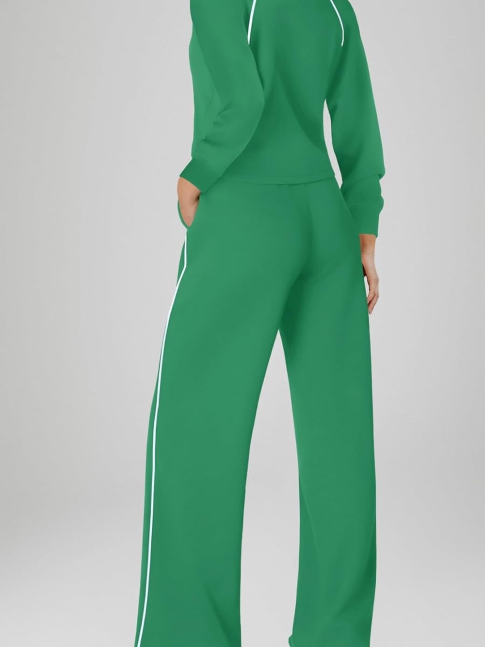 Green Wide-Leg Zip-Neck Jumpsuit with White Piping easy potty feature 💚 - Picture 3 of 7